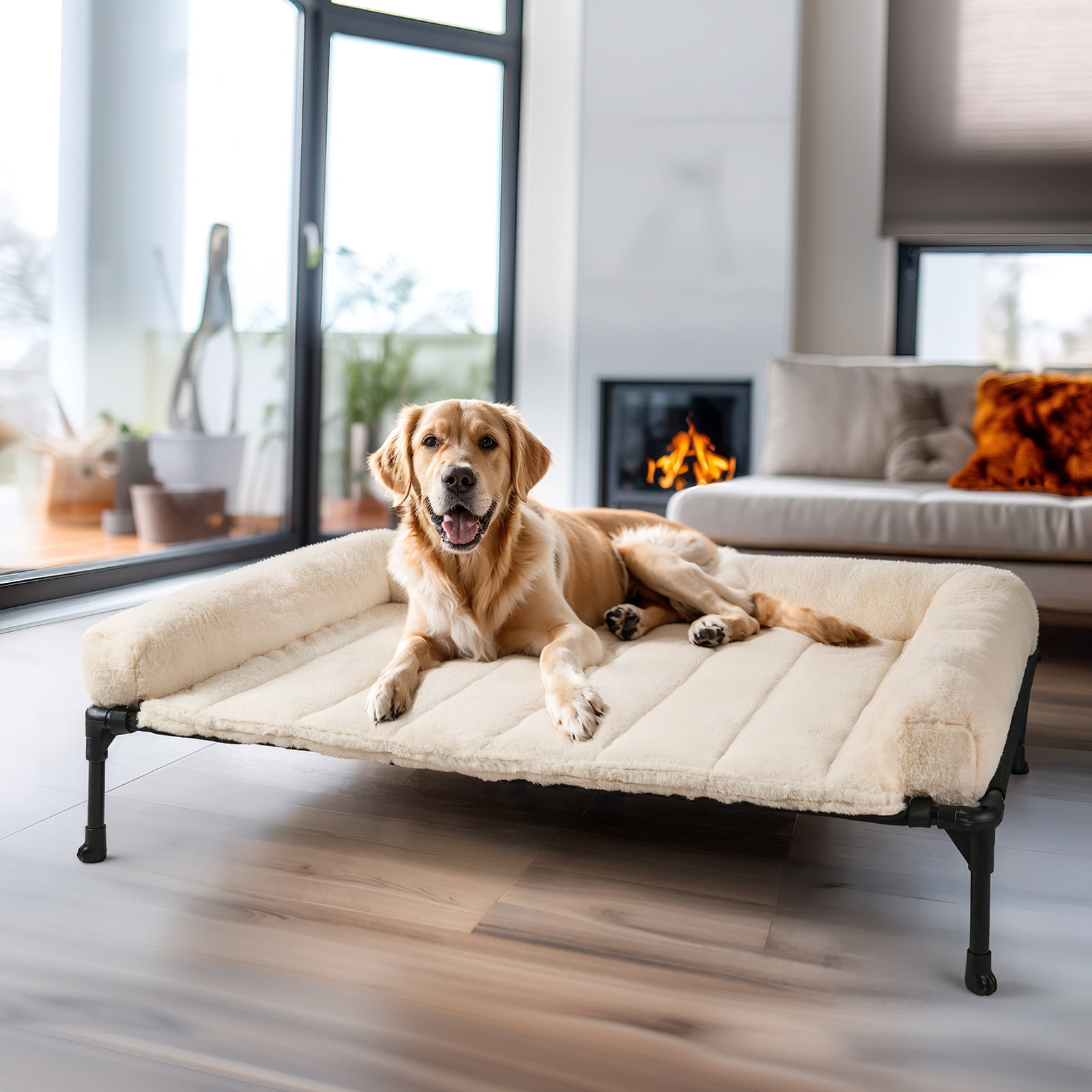 Veehoo Cooling Elevated Dog Bed with Fluffy Plush Bolster Cushion, 42 x 30 inches, Cream White