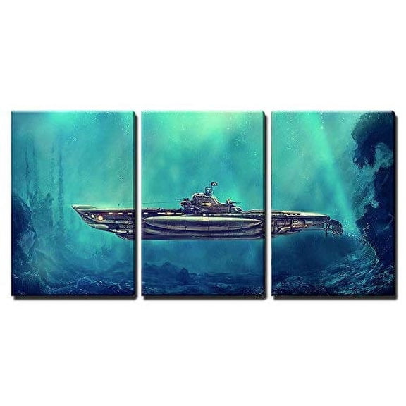 wall26 - 3 Piece Canvas Wall Art - Illustration - Fantastic Pirate Submarine in The Underwater Environment. Digital Art - Modern Home Art Stretched and Framed Ready to Hang - 16"x24"x3 Pane