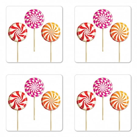 

Colorful Coaster Set of 4 Realistic Sugary Treats on Sticks Spiral Round Lolly Pops Delicious Tasty Snacks Square Hardboard Gloss Coasters Standard Size Multicolor by Ambesonne