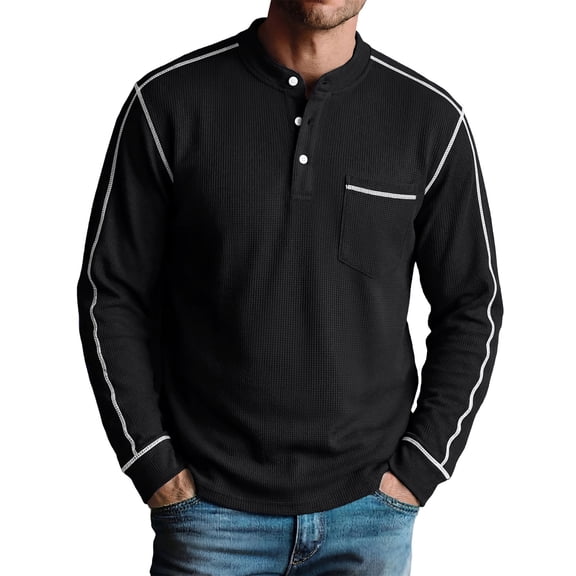 Mens Henley Collar Long Sleeve T Shirt Waffle Knit Breathable Fabric Loose Fit Outdoor Sports Casual Commuter Apparel,2XL