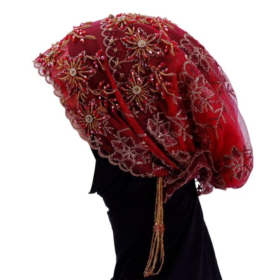 Turban Hat for Women Lace Bead Muslim Hijab Beanie Cap Floral Embroidery Beaded Headwrap Cover.