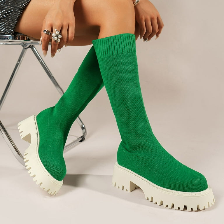 Winter Thick Soled Knitted Slim Calf Boots for Women Long Boots Women s Socks Wide Calf Cowboy Boots Women Long Boots Elastic Round Wide Calf Boot Socks for Women Toe Mid Heel Boots