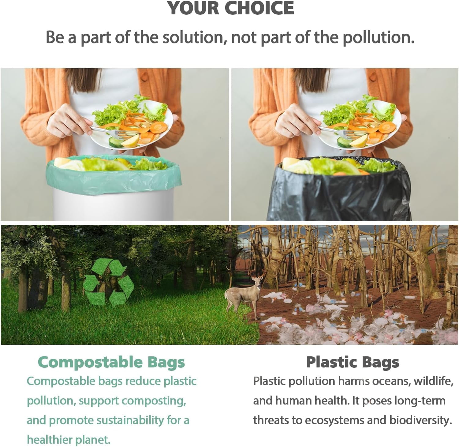 Compostable Trash Garbage bags, 13-15 Gallon Tall Kitchen Bags,Heavy Duty Unscented 1.18Mils 55 Liter,60 Count,Strong Thicken Rubbish Waste Can Liners for Garden Home