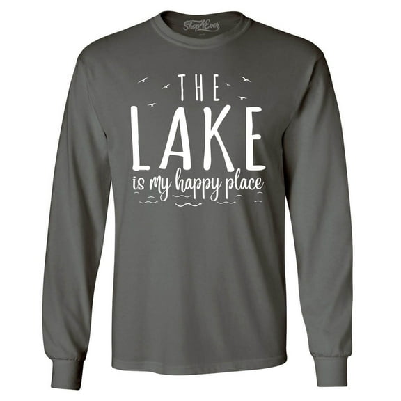 Shop4Ever Men's The Lake is My Happy Place Long Sleeve Shirt Small Charcoal