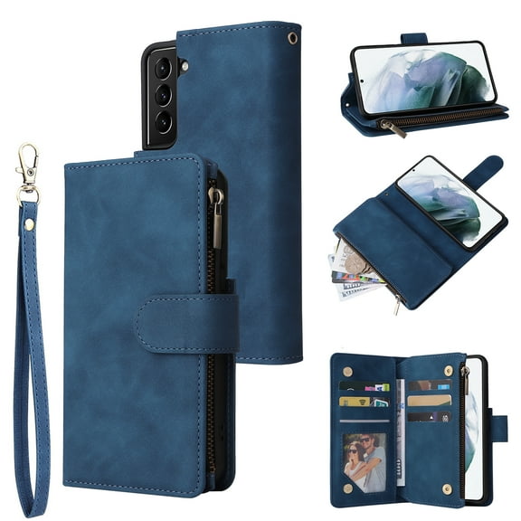 Zipper Wallet Case for Samsung Galaxy S22 with Large Capacity Card Slots Holder Flip Folio Cover, Premium PU Leather Magnetic Clasp Wrist Strap Kickstand Soft Silicone Shockproof Case,Blue