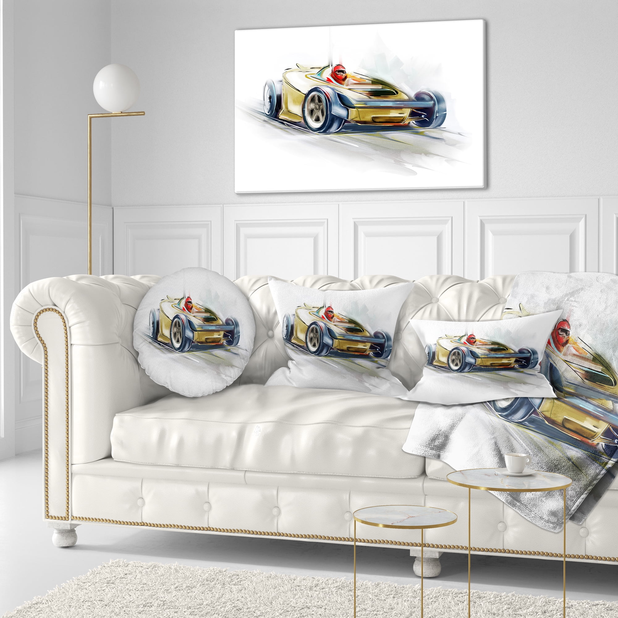 Designart Yellow Formula One Car - Digital Art Car Throw Pillow - 12x20