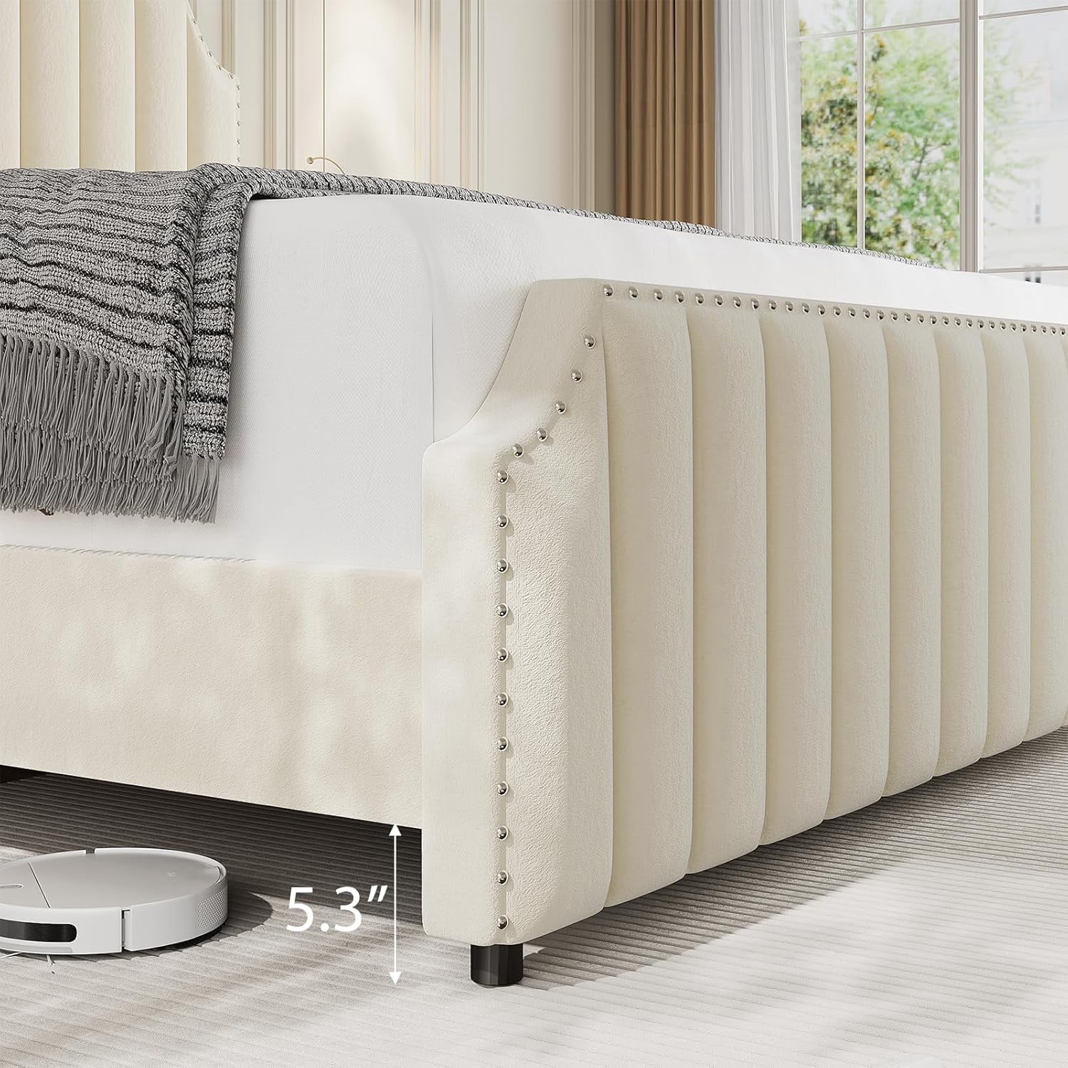 King Size Velvet Bed Frame with 50.2" Tufted Headboard & Footboard, Nailhead Trim, No Box Spring Needed, Noise-Free, Beige