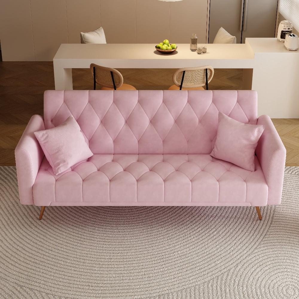 Oufan 71" American Convertible Sofa, Velvet Loveseat with Adjustable Backrest & Metal Legs, 2-Seater Couch for Living Room, Apartment, Pink