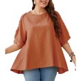 thumbnail image 2 of Camisa de manga corta de encaje de verano para mujer, camiseta holgada con dobladillo Irregular, Top informal con cuello redondo, rojo pardusco XXXL, 2 of 5