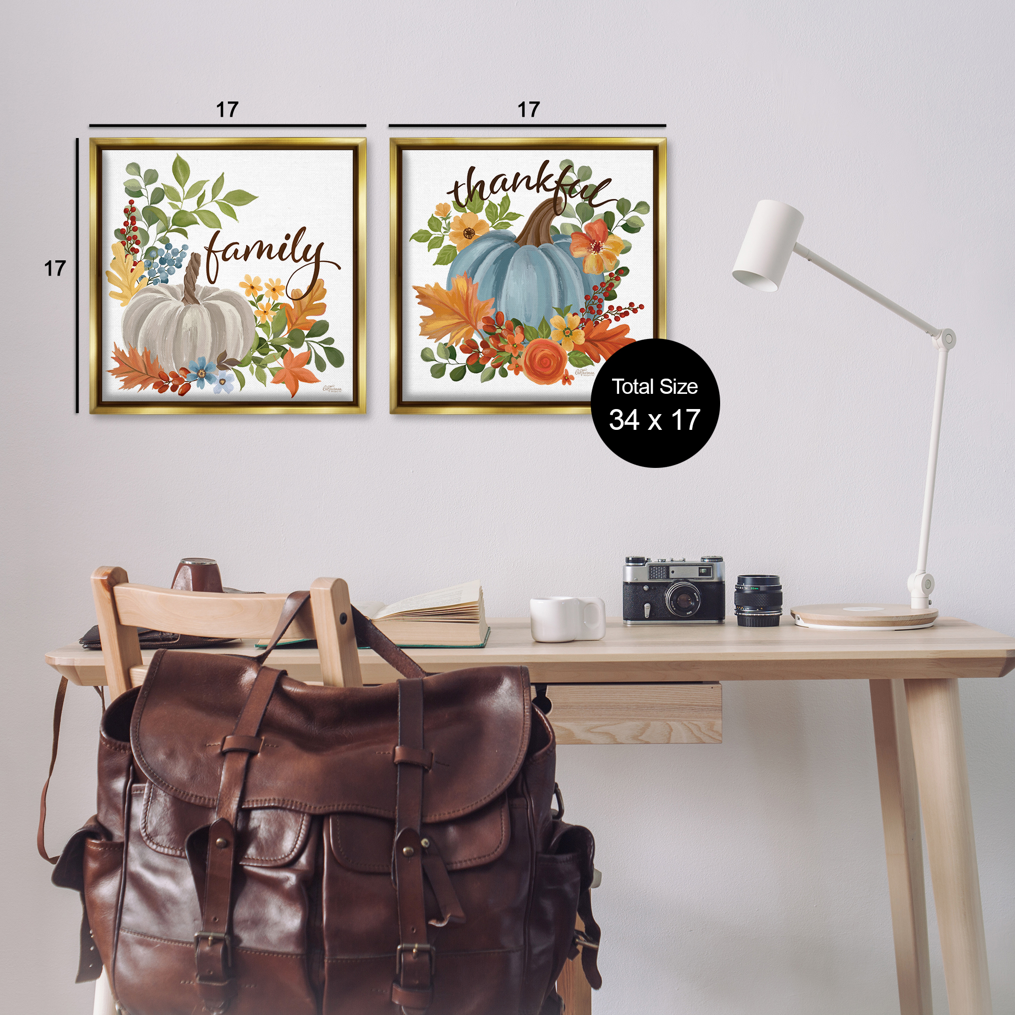 Stupell Industries Family Thankful Fall Pumkin Botanical & Floral Painting Gold Floater Framed Canvas Art Prints Wall Art, 18 x 18, Set of 2
