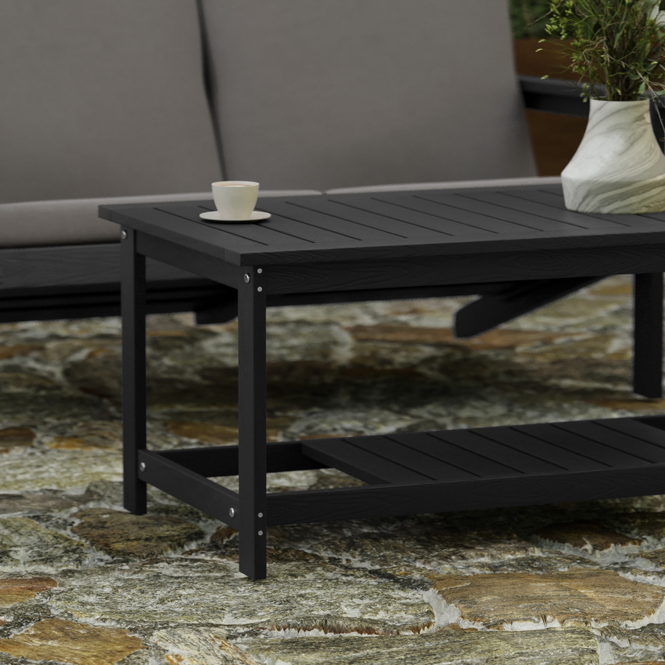 Merrick Lane All-Weather Poly Resin Wood Two Tiered Adirondack Slatted Coffee Conversation Table in Black