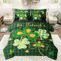 jejeloiu Lucky Spring Green Clover 7 Pieces Bedding Comforter Set,St Patricks Day Full Bedding Set,Green Black Plaid Fitted Sheet Flat Sheet For Girls Kids,Super Cozy Room Decor Reversible
