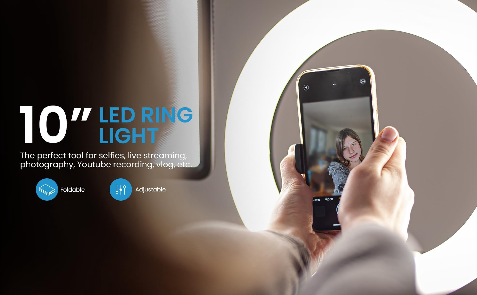 iDance LED Ring Light with Cell Phone Holder, 10", USB Powered with Bluetooth Remote Control and Foldable Adjustable Tripod Stand, Selfie, Makeup Ring Light
