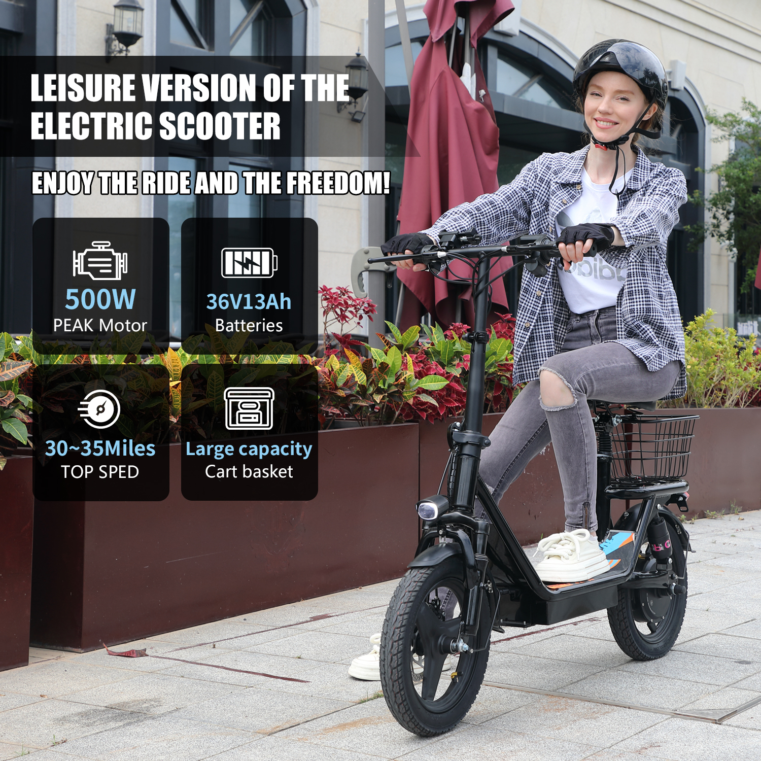 ASKGO K10 Electric Scooter with Seat,1200W Peak Motor 48V 15AH Commuter Scooter, 25Mph Escooter with basket (Removable),UL2722,Grocery Ebike, shopping Ebike, pet Ebike