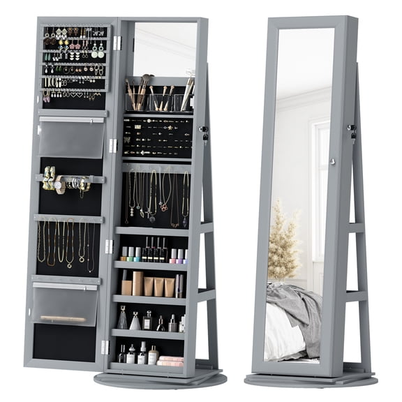 Jewelry Armoire, 360° Swivel Mirror Lockable Cabinet - Gray