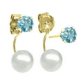 thumbnail image 2 of Gem Stone King 1.00 Ct Round 4mm Blue Zircon 14K Yellow Gold Stud Freshwater Pearl Earrings, 2 of 2