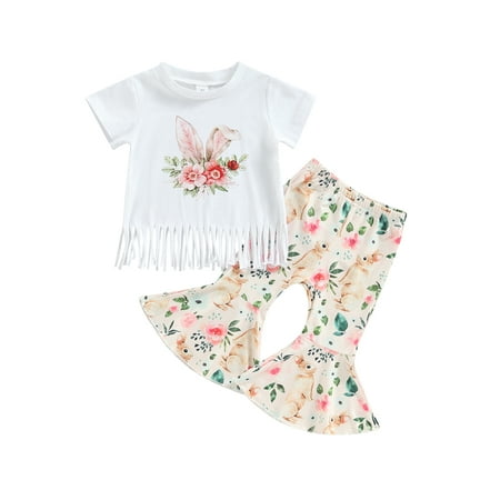 

Toddler Baby Girl Easter Day Outfits Short Sleeve Rabbit Print Tassel T-shirt Flared Bell Bottom Pants Set