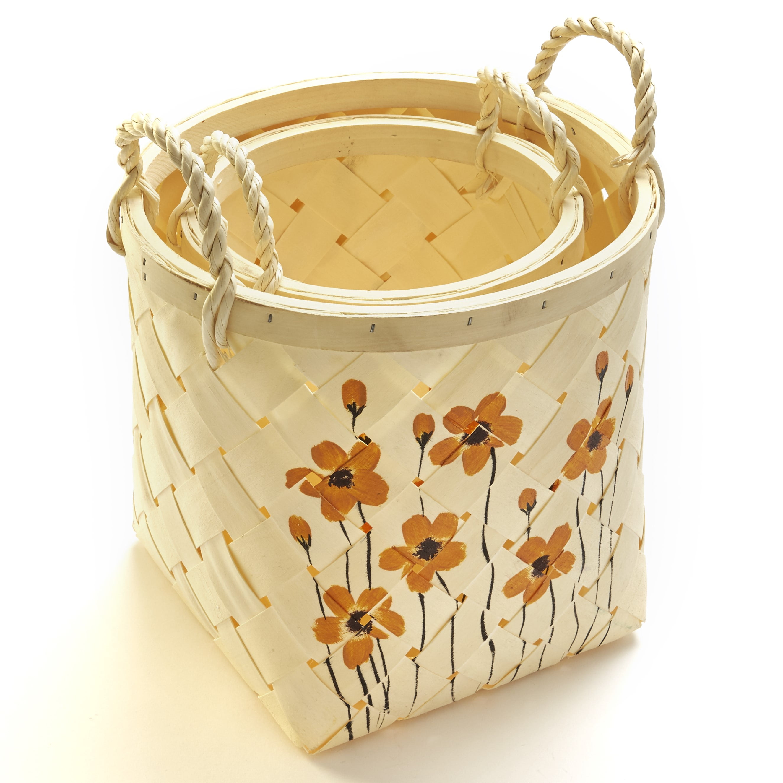 Wooden Weave Floral Theme Baskets with Hand Painted Flowers Set of 2