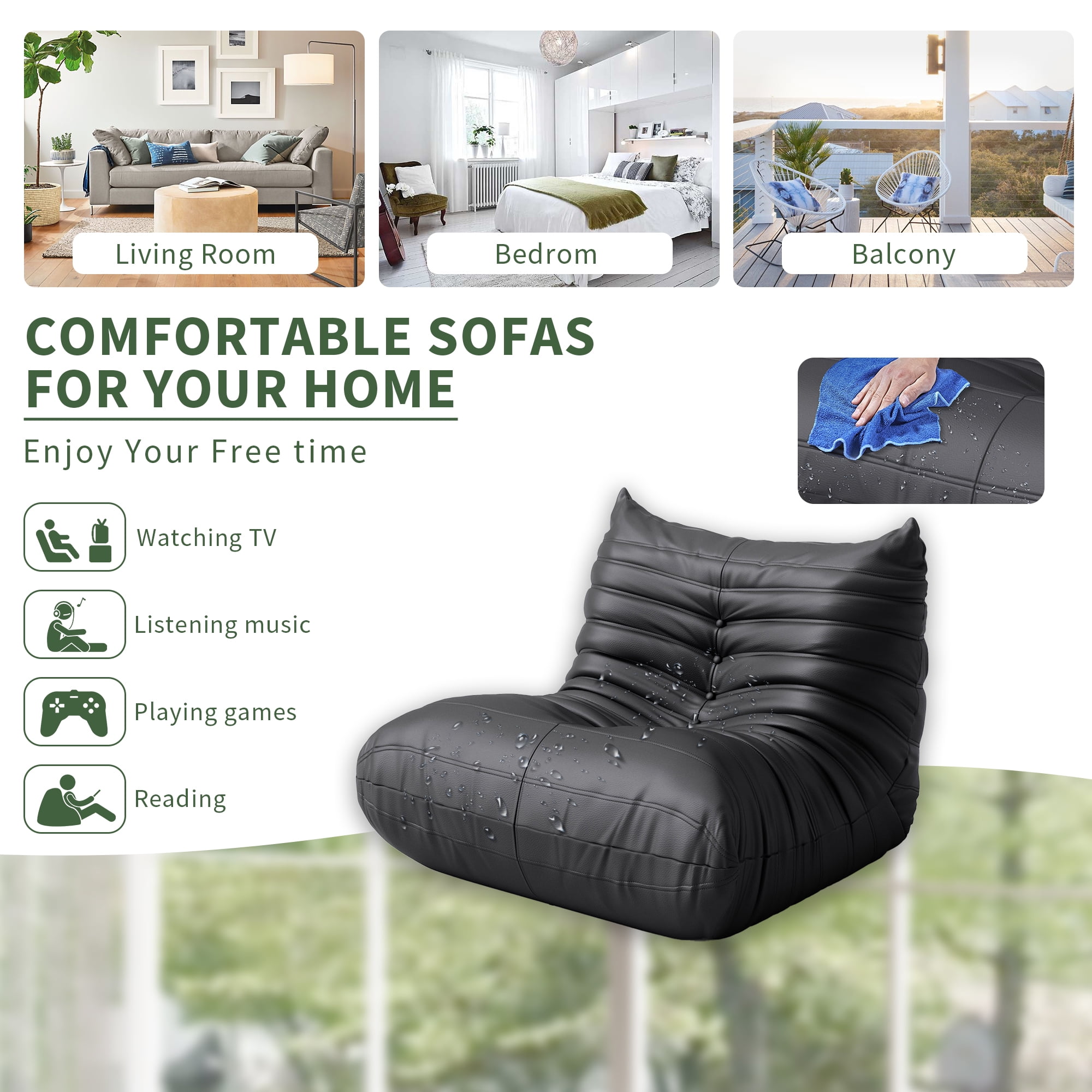 Gtilzria Lazy Sofa, Bean Bag Chair for Adults Floor Couch with Faux Leather Lounge for Living Room, Bedroom, Black