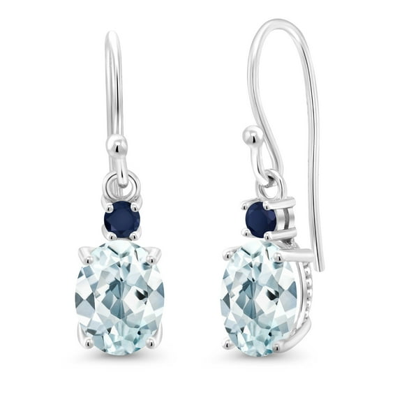 Gem Stone King 10K White Gold Sky Blue Aquamarine and Blue Sapphire Dangle Earrings for Women (2.40 Cttw, Gemstone Birthstone, Oval 8x6mm)