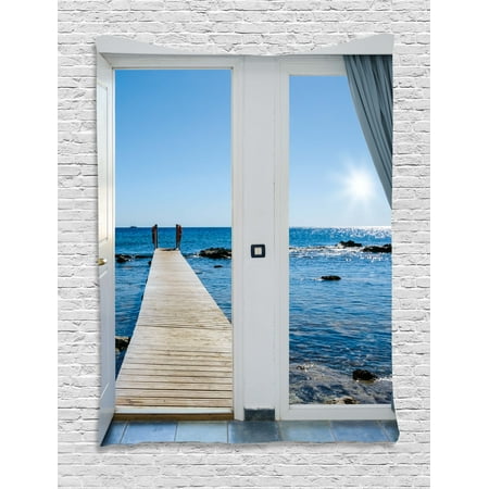 Cheap Beach Themed Decor Beach Tapestry, Coastal Theme with the Ocean Sea Sunny Day Scenery with Patio from Window, Wall Hanging for Bedroom Living Room Dorm Decor, Pale Blue and White, by Ambesonne ()