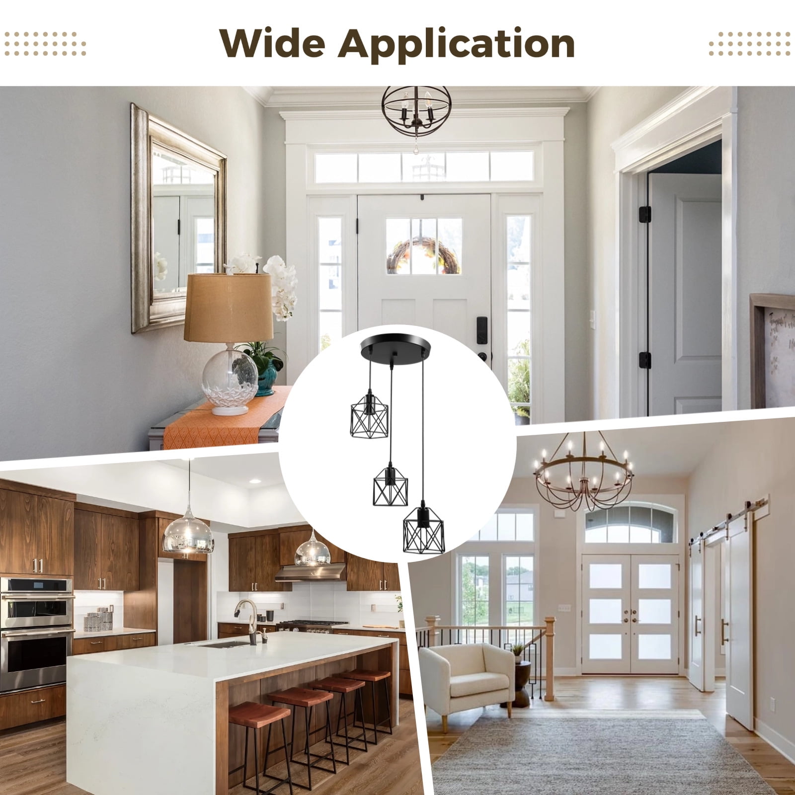 3-Light Ceiling Pendant Light, Flush Mount Hanging Light Fixture with Adjustable Cords, Geometric Iron Lampshades, E26 Base for Kitchen, Dining Room, Living Room, Bedroom Lighting