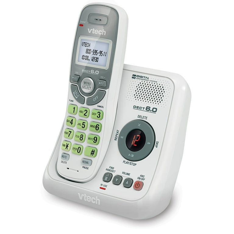 VTech DECT 6.0 Cordless Home Phone with Answering Machine, Backlit Display,  Speakerphone, Caller ID - 1000 ft Range, White/Grey