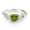 thumbnail image 2 of Gem Stone King 925 Sterling Silver and 10K Yellow Gold Green Peridot and White Moissanite 3 Stone Engagement Ring for Women (1.49 Cttw, Cushion Cut 6MM and 4MM, Available in Size 5, 6, 7, 8, 9), 2 of 4