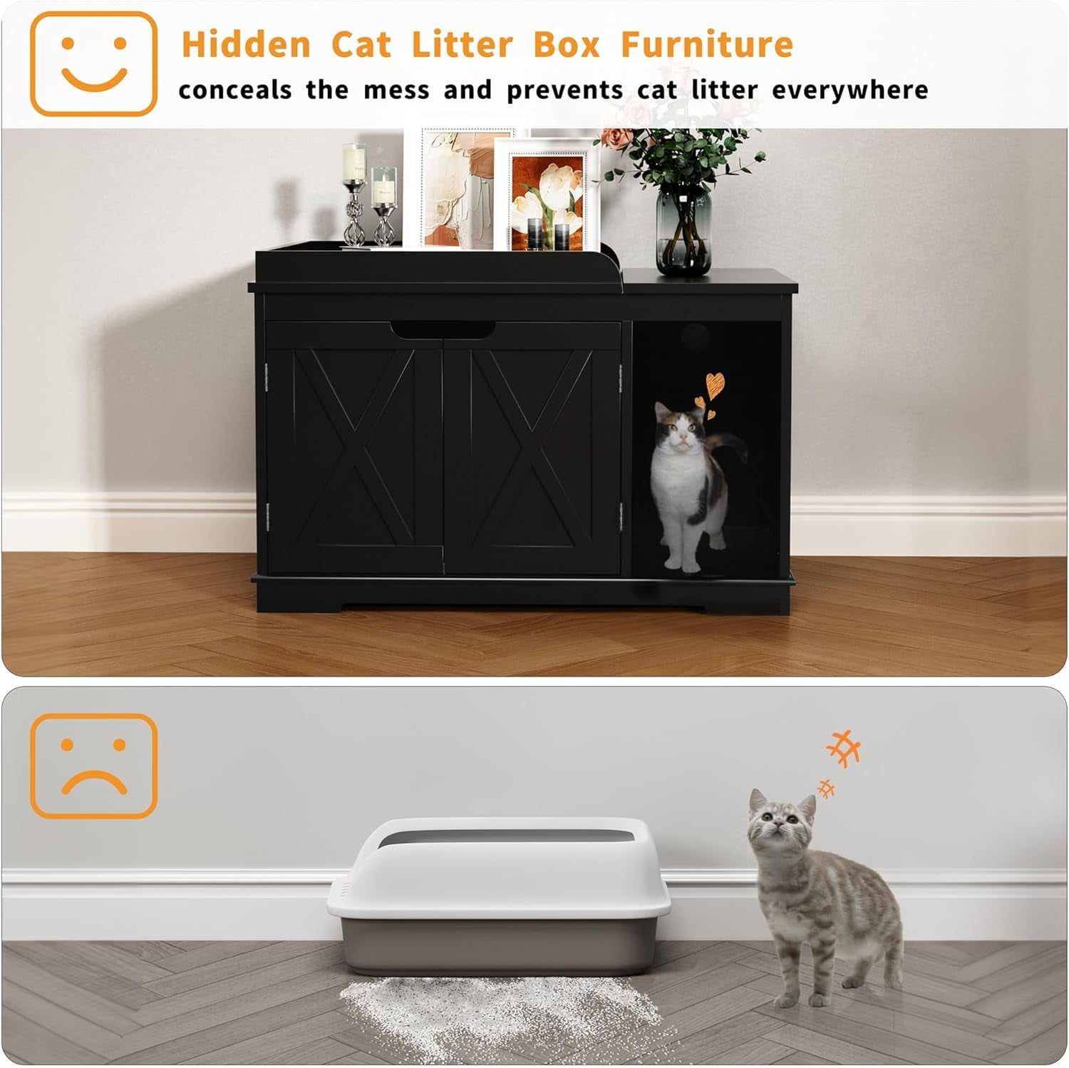 Flip Top Cat Litter Boxes Enclosure Covered Litter Box Hidden Furniture Wooden Cat Washroom Cabinet for , Medium and Large Cat Black