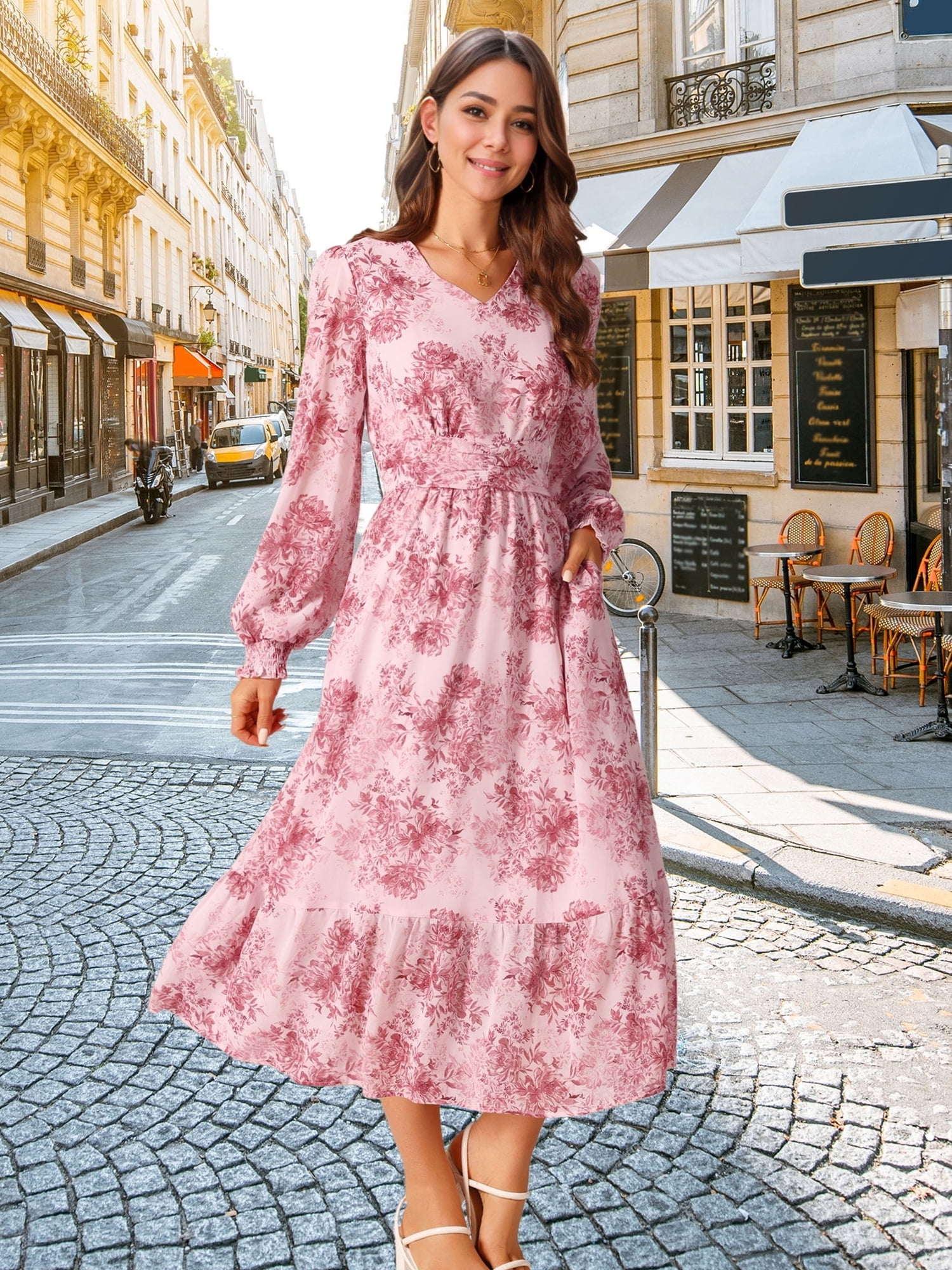 DARING DIVA Long Sleeve Floral V Neck Boho Chiffon Midi Dress L Pink