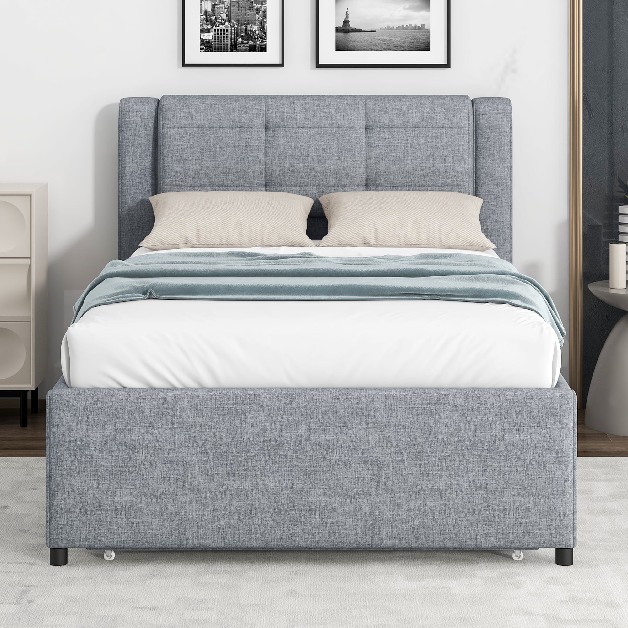 Euroco Upholstered Twin Platform Bed with Pop-up Twin Trundle for Bedroom, 2 Beds in One, Gray