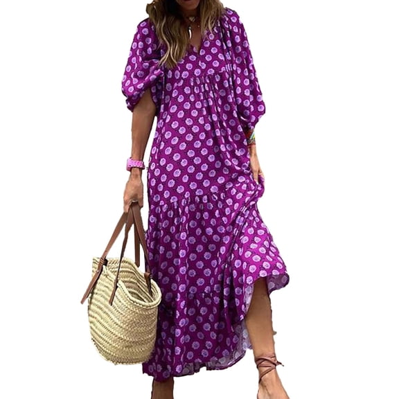 Women Casual Maxi Dress Bohemian Floral V Neck Puff Short Sleeve Beach Tiered Sundress Long Swing Dress