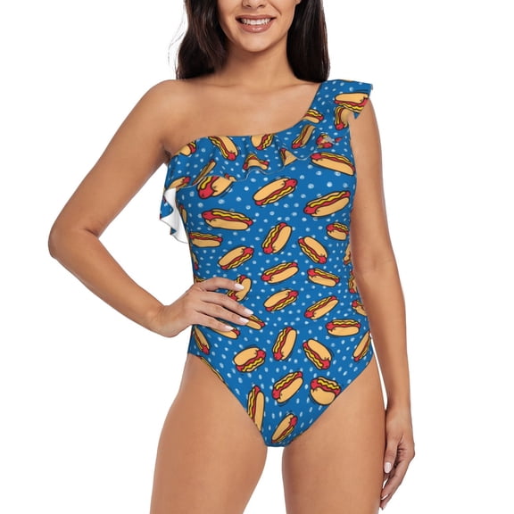 Rateoe Hot Dog 1 Pattern Women One Piece Swimsuits Tummy Control One Shoulder Bathing Suits Ruffle Swimwear-