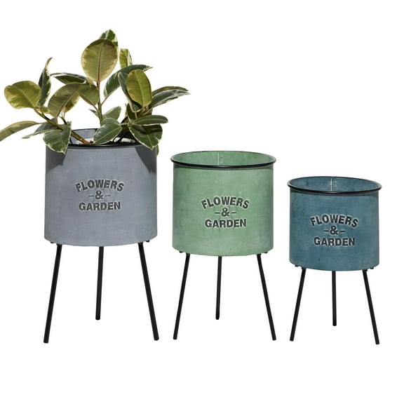 DecMode Blue Metal Text Indoor Outdoor Planter with Flowers And Garden Text and Black Tripod Legs, Set of 3 20", 18", 16"H