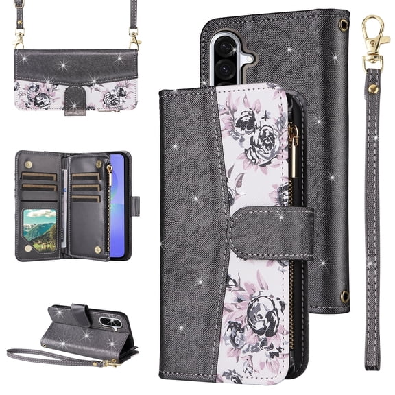Furiet for Samsung Galaxy S25 FE 5G Floral Wallet Case with Flip Zipper Purse Wrist/Shoulder Strap, Luxury Glitter PU Leather Card Holder Stand Phone Cover for S 25 EF S25FE 25S 25FE Women Black