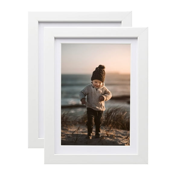 KINLINK 5x7 Picture Frames White Photo Frames with Plexiglass for Picture 4x6 with Mat or 5x7 without Mat Composite Wood Picture Frames for Table Top and Wall Mounting Set of 2