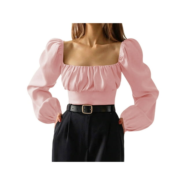 VISgogo Blusas cortas con busto fruncido para mujer, manga larga de farol, cuello cuadrado, camisetas ajustadas VISgogo moda