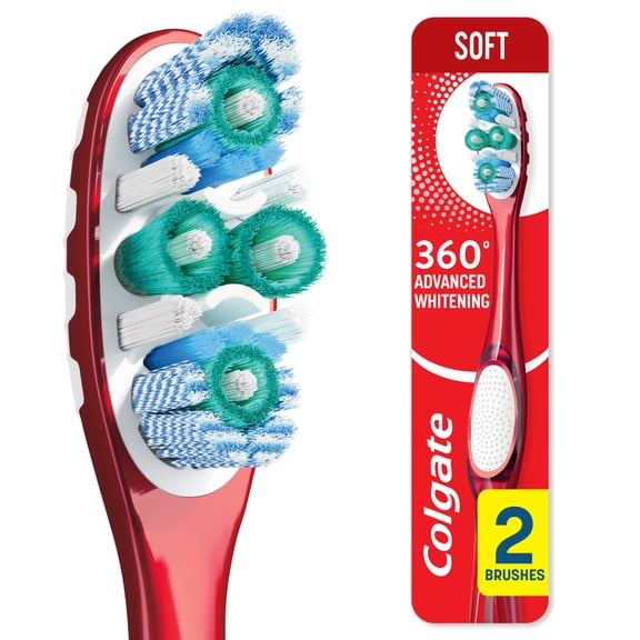 Colgate 360 Advanced Whitening Toothbrush Pack, Soft Adult Toothbrushes, 2 Pack