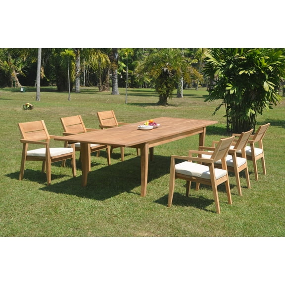 Grade-A Teak Dining Set: 6 Seater 7 Pc: 122" Atnas Double Extension Rectangle Table And 6 Vellore Stacking Arm Chairs Outdoor WholesaleTeak #WMDSWVm