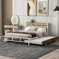 thumbnail image 3 of Queen Industrial Metal Platform Bed with Trundle, Storage Bed with 2 Drawers and Sockets & USB Ports, Metal Platform Bed Frame with Wood Headboard and Slats Support, No Spring Box Needed, Natural, 3 of 9