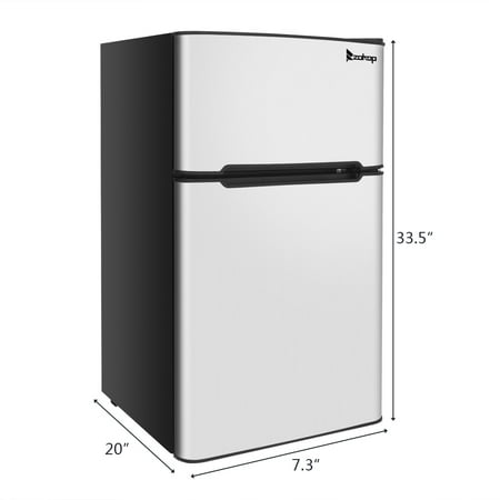 Double Door Mini Fridge with Freezer for Bedroom Office or Dorm with Adjustable Remove Glass Shelves Compact Refrigerator 3.1 cu ft, Stainless