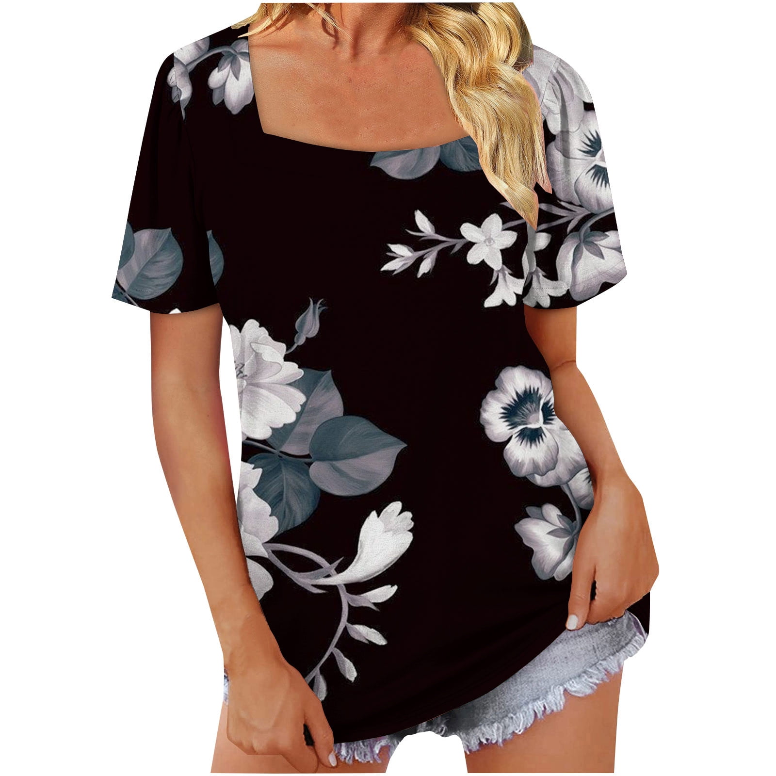 ZQGJB Floral Shirts for Women Summer Casual Square Neck Pullover Tops Clearance Short Sleeve