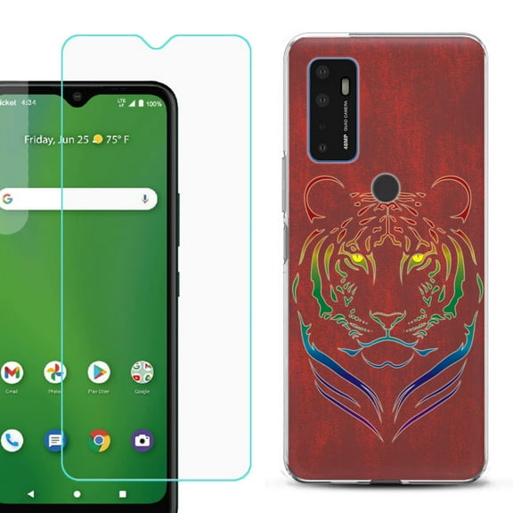 Slim-Fit Gel TPU Phone Case for Cricket Dream 5G, with Tempered Glass Screen Protector, by OneToughShield ® - Night Tiger