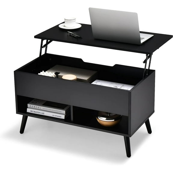 CRXX Lift Top Coffee Table, Modern Cocktail Table w/Hidden Compartment & 2 Open Shelves, Flip Top Center Table, Wooden Pull up Coffee Table for Living Room, Reception Room, Office (Black)