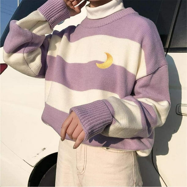 Women Kawaii Ulzzang College Wind Candy Contrast Striped Moon