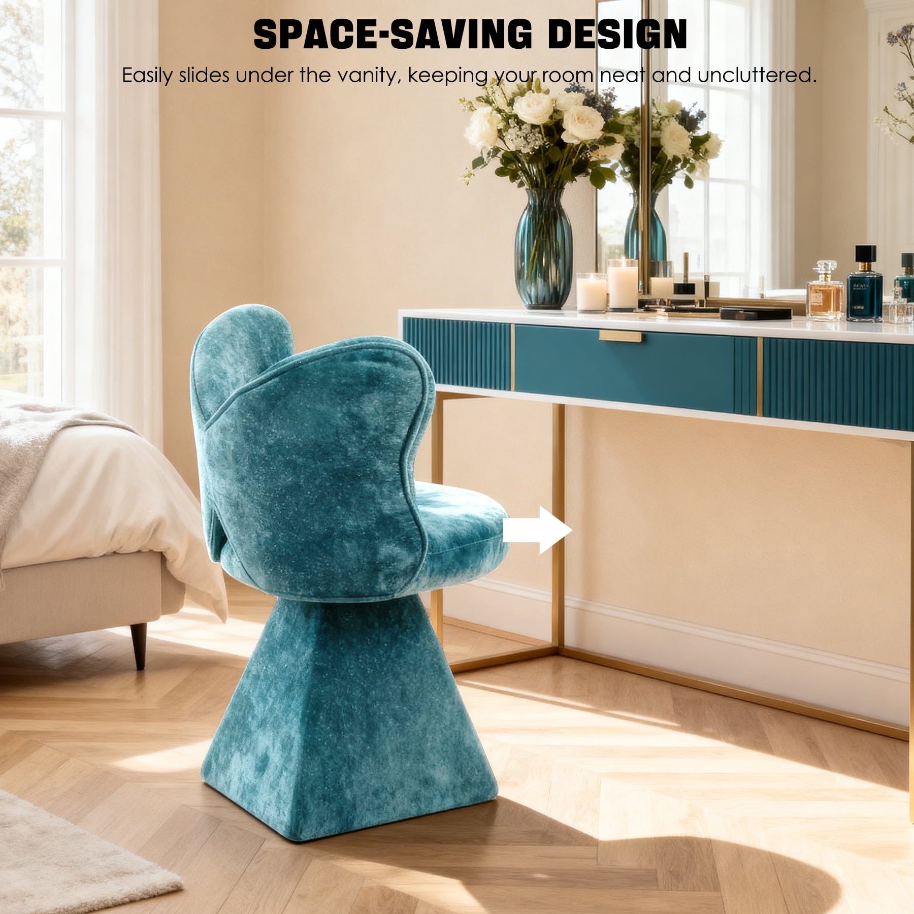 Blue Swivel Vanity Chair | 360° Rotating Makeup Chair with Butterfly Back, Chenille Velvet Accent Chair with Decorative Pillow – for Bedroom, Dressing Table, Living Room, Dining, Home Office & Study