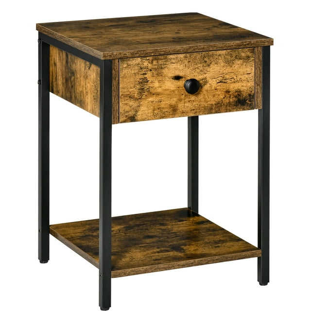 HOMCOM Table de Chevet, Table de Nuit Industrielle avec Tiroir et Étagère de Rangement, Table d'Appoint pour Chambre, Salon, Brun Rustique