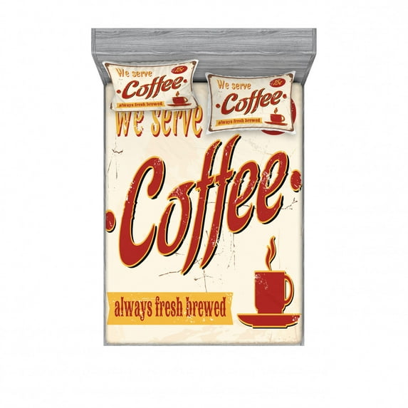 Retro Bedding Set with Sheet & Covers, Tin Rusty Faded Fresh Brewed Coffee Print from Old Days Fifties Style Art Work, Printed Bedroom Decor 2 Shams, 4 Sizes, Cream Red Orange, by Ambesonne