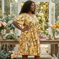 thumbnail image 3 of Agnes Orinda Women's Plus Size Dress V Neck Flare Sleeve Floral Print Beach Midi Dresses 1X Yellow, 3 of 6