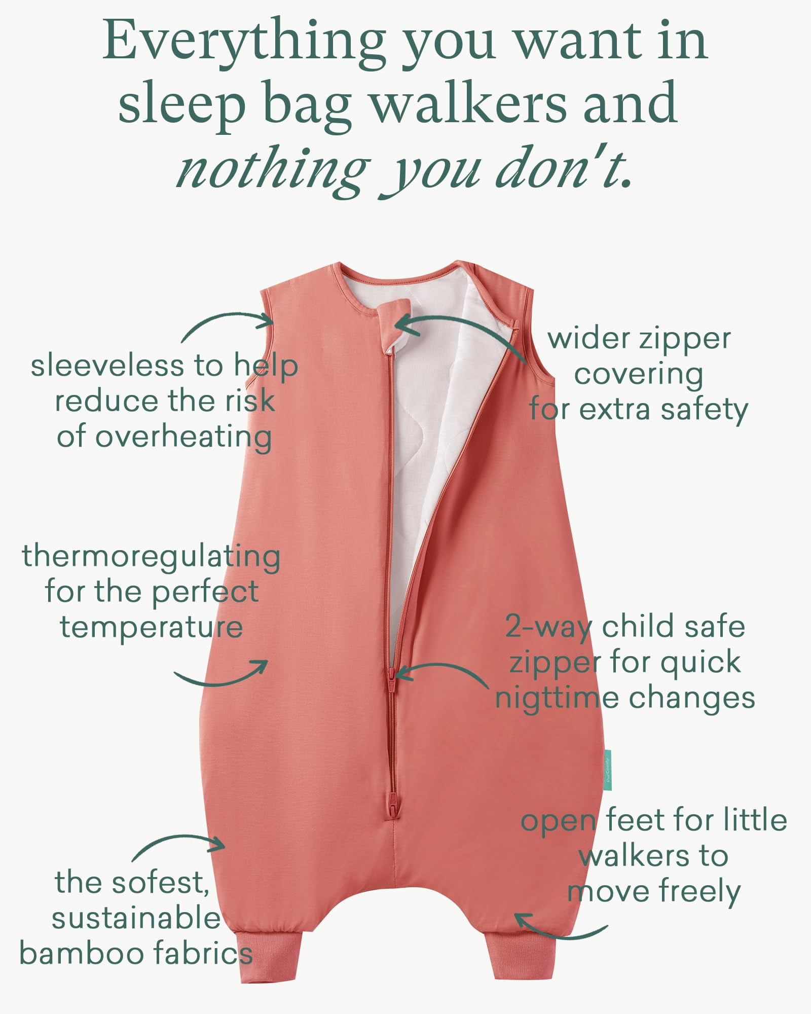 PurComfy Supersoft Toddler Sleep Sack With Feet 1.0 Tog, Premium Bamboo Viscose Sleep Sacks With Legs 2-Way Zipper Sleep Bag Walker 6-15 Month, Coral